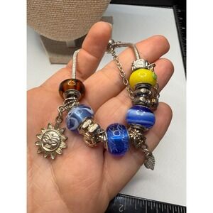 Celestial Sun Charm Bracelet Silver Tone Blue Yellow Glass Snake Chain 7.5"